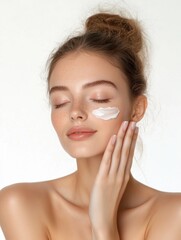Serene Skincare Ritual: A young woman enjoys the serene ritual of applying a moisturizing cream to her face, radiating natural beauty and a sense of calm well-being.