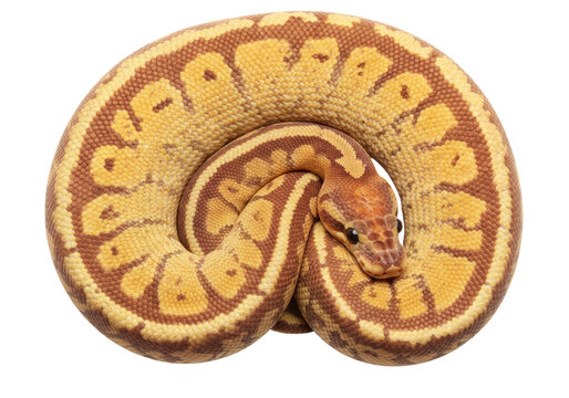 Isolated Ball Python curled up, pet snake with intricate pattern, constrictor for exotic pet lovers