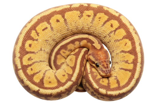 Isolated Ball Python curled up, pet snake with intricate pattern, constrictor for exotic pet lovers
