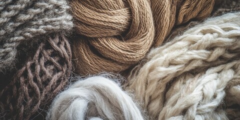 Warm Yarn Textures: A close-up, macro shot showcases the intricate textures and warm tones of various yarn skeins, evoking a sense of cozy craft and creative potential.