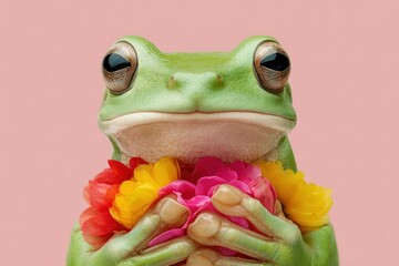 A close-up of a green frog with a colorful flower lei, against a pink background