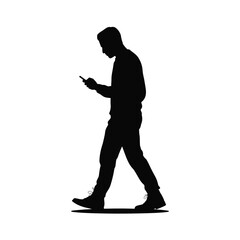 Black silhouette of a man walking forward holding a phone vector