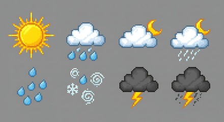 Obraz premium Pixel weather forecast icons set for game design
