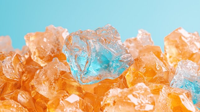 Close-up of many amber crystals and one prominent blue crystal against a light blue backdrop