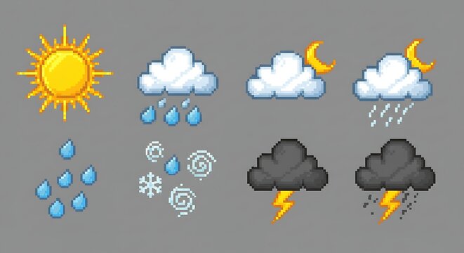 Pixel weather forecast icons set for game design