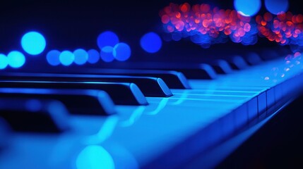Close-up of piano keys glowing in vibrant blue light with blurred red and blue bokeh