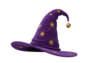 Isolated purple wizard hat with golden stars and bell, pointy cap for Halloween costume