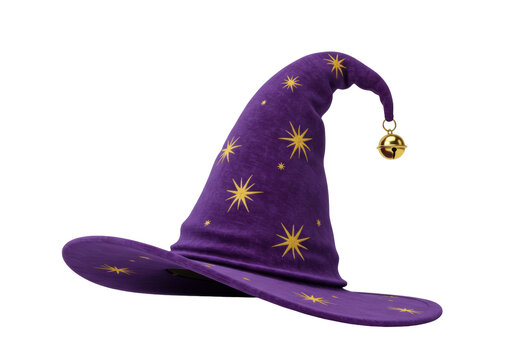 Isolated purple wizard hat with golden stars and bell, pointy cap for Halloween costume