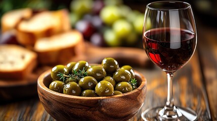 Close-up of red wine, green olives in bowl, bread, grapes on rustic wooden table