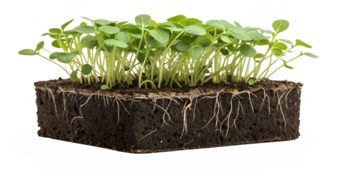 Group of Young Soy Bean Seedlings Growing in Cube of Soil with Visible Roots Isolated on Transparent Background