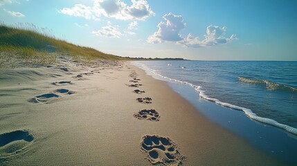 Footprints on the Shore: Capturing a moment of solitude, a trail of footprints meanders across a serene beach, kissed by the gentle caress of the sea.