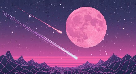 Full moon and shooting stars over pixelated terrain