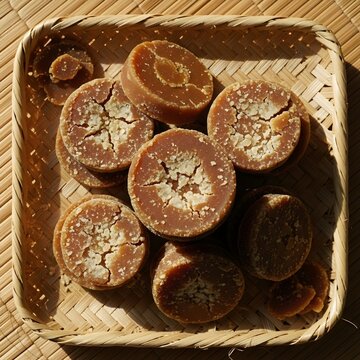 Jaggery cakes in a bamboo basket, a traditional unrefined sugar made from sugarcane juice in asia