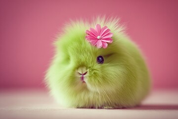 A fluffy, vibrant green bunny with a pink flower on its head against a pink backdrop