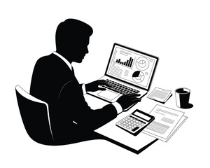 Black silhouette of a man working on a laptop at a desk business