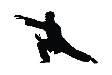 Black silhouette of a martial artist performing a dynamic pose warrior combat