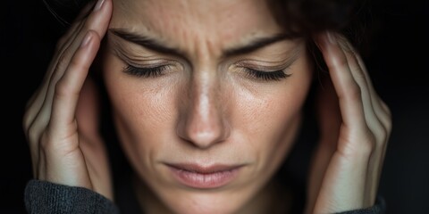 Woman with closed eyes experiencing intense headache in dimly lit room.