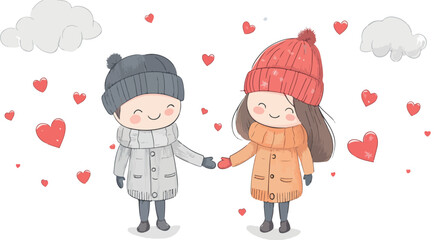 Cute cartoon couple holding hands in winter with hearts and clouds in a whimsical illustration