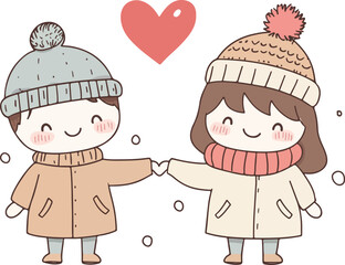 Adorable cartoon couple holding hands wearing winter coats and beanies with heart above