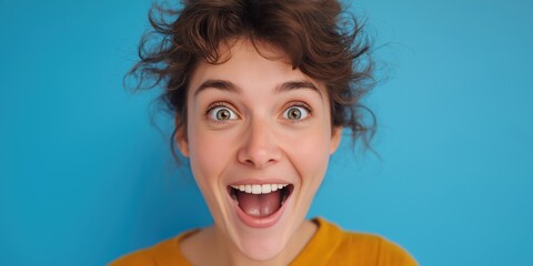 Excited young woman with curly hair expressing joy against a bright blue background.
