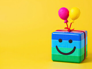 Colorful gift box with a happy face and balloons on yellow background