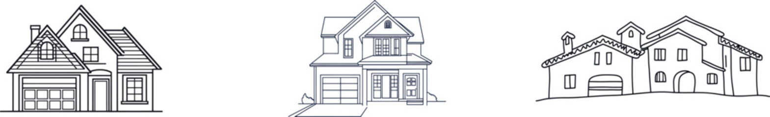 A house is illustrated in a continuous line, next to a house with a garage in line art, serving as an outline for a modern home building