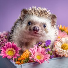 A charming hedgehog nestled amidst colorful flowers in a rustic wooden box against purple backdrop
