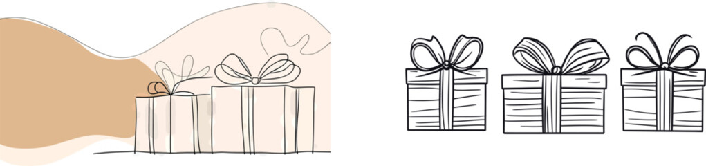 Modern design gift boxes, complete with a bow, are created in a line drawing style