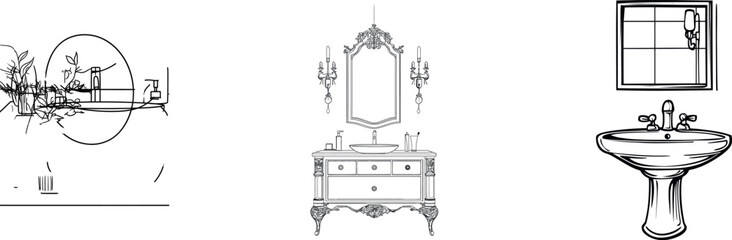 A modern bathroom's interior, including a wash basin and mirror, is visually represented through a continuous line art drawing style, with black linear sketches of the toilet room furniture set