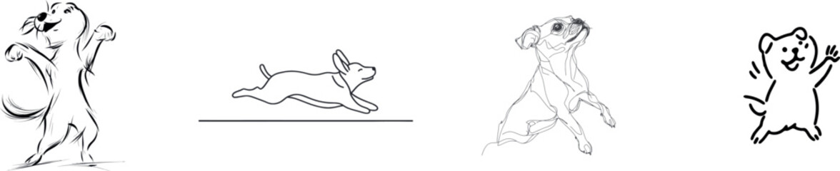 In a modern and isolated style, a dog is illustrated in a single line silhouette on a white background, as a continuous line drawing, ideal for a small pet tattoo or a print design on clothes