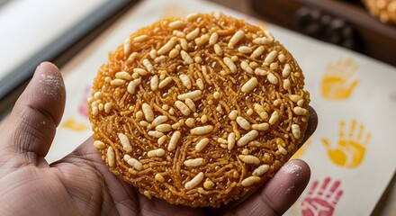 Close up of puffed rice chikki in hand, a traditional indian sweet made with jaggery and rice