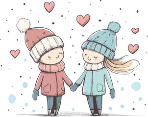 Adorable couple holding hands wearing winter hats and coats surrounded by falling hearts
