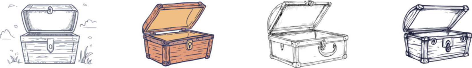 A modern illustration features an open empty treasure chest created in a continuous line, characteristic of line art style of a chest