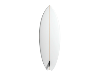 A pristine white surfboard, center aligned, set against a stark black background