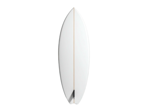 A pristine white surfboard, center aligned, set against a stark black background