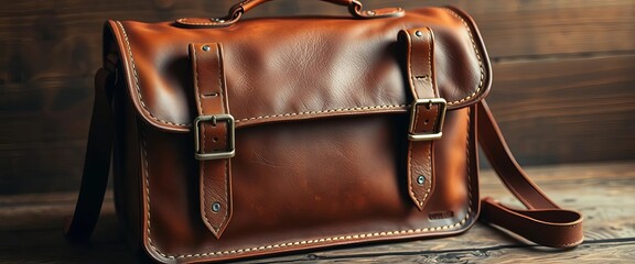 Artisan-crafted leather satchel, rich brown tone, rustic stitching,  leather craft,  material