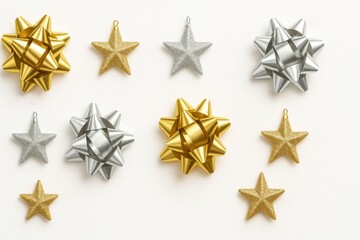 Festive assortment of golden and silver star ornaments on white background.