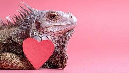 A close-up of an iguana with a red paper heart against a pink background
