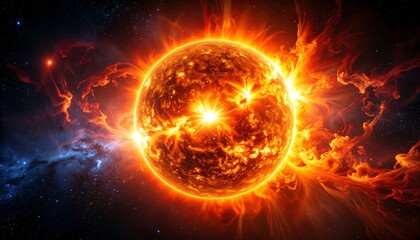 Fototapeta premium Fiery sun erupting with stellar flares in space