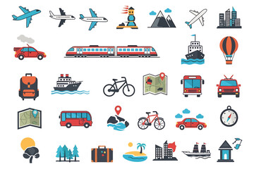 Journey through a vibrant world of transportation with this extensive icon set, perfect for illustrating global travel, tourism, and various modes of mobility