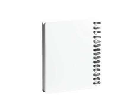 A white spiral-bound notebook, slightly angled, against a stark black backdrop