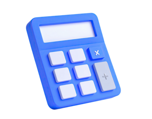 A 3D rendering of a blue calculator with white buttons on a black backdrop