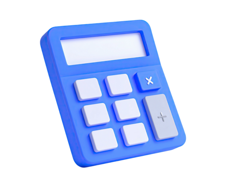 A 3D rendering of a blue calculator with white buttons on a black backdrop