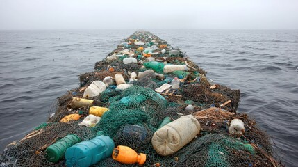 Dense plastic waste, bottles, and nets form a vast floating mass on a grey ocean