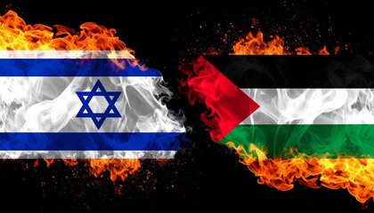 Israeli and Palestinian flags surrounded by flames, symbolizing intense geopolitical tension and unresolved conflict