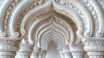 Fototapeta premium Detailed light stone archway extends, featuring decorative carvings and traditional design