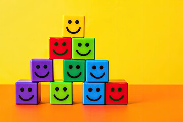Colorful smiling face blocks stacked in pyramid against bright background