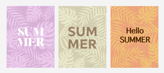 Three colorful summer posters with palm leaf patterns and the word 'SUMMER' in different styles.