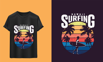 Hawaii Surfing T-Shirt Design – Retro Sunset Beach with Surfer Silhouette