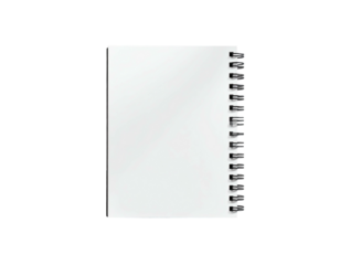 A rectangular notepad with blank white pages and a black spiral binding against black